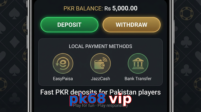 Deposit and withdrawal screen with PKR methods